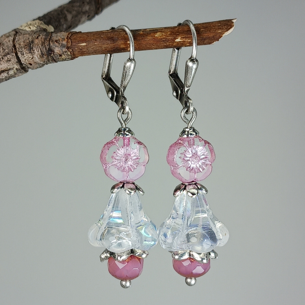 Pink Czech Glass Flower Earrings Spring Blossom Cottage Garden Hand Crafted - Picture 2 of 6